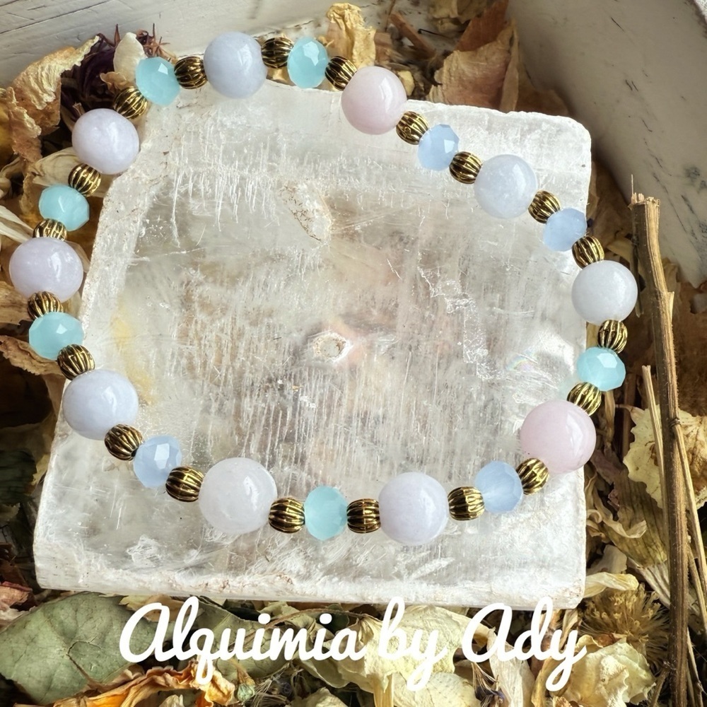 Pink jade Aquamarine statement bracelet